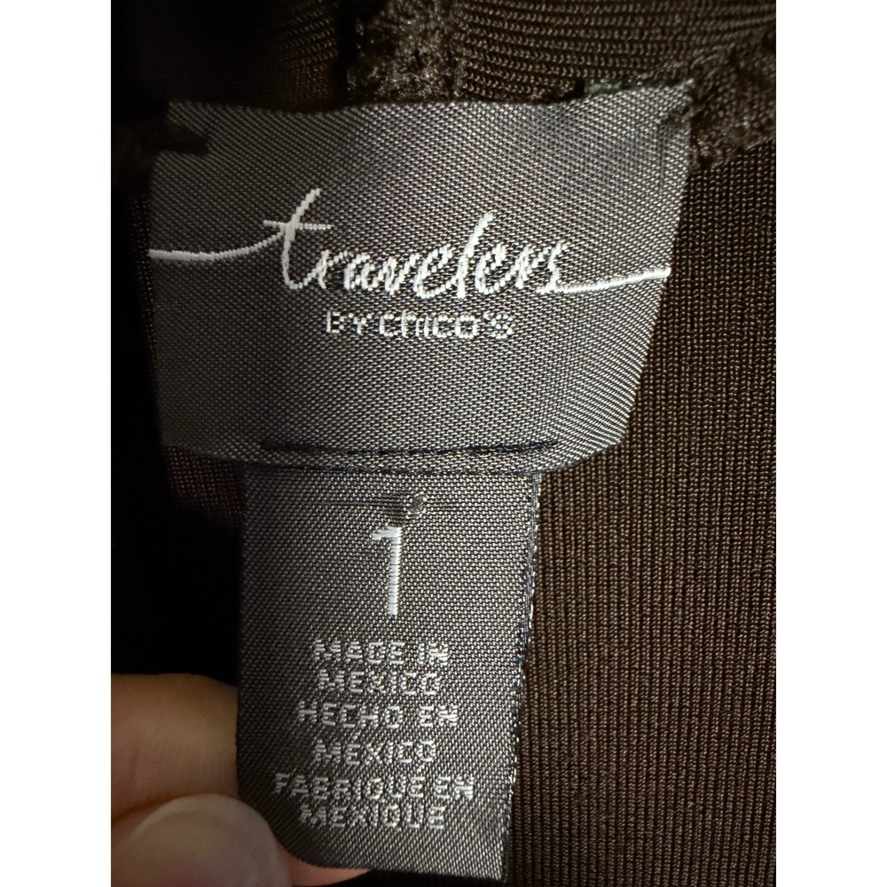 Chicos Travelers Brown Draped Open Front Cardigan Zipper Shoulder Size 1 M Mens - Picture 3 of 8